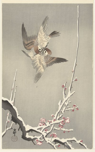 Mussen en besneeuwde pruimenboom door Ohara Koson