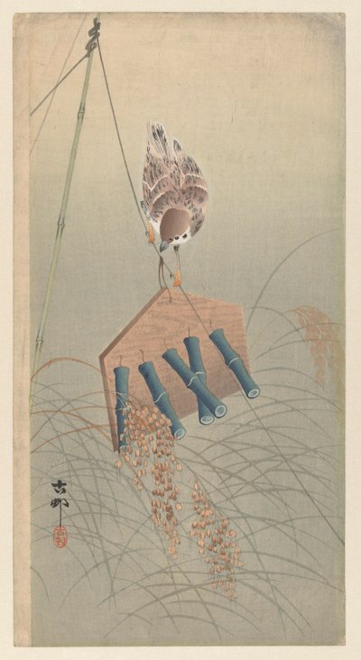 Ringmus op vogelverschrikker door Ohara Koson