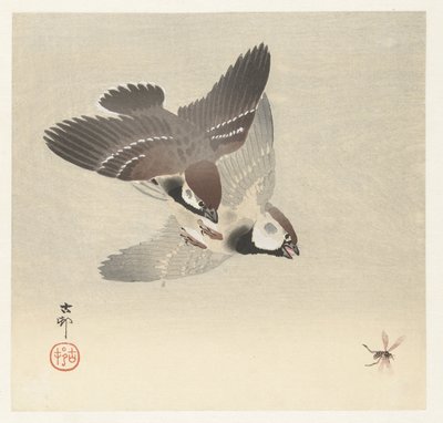 Ringmussen en insect door Ohara Koson
