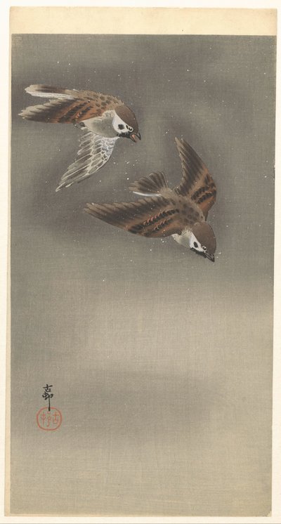 Ringmussen in sneeuw door Ohara Koson
