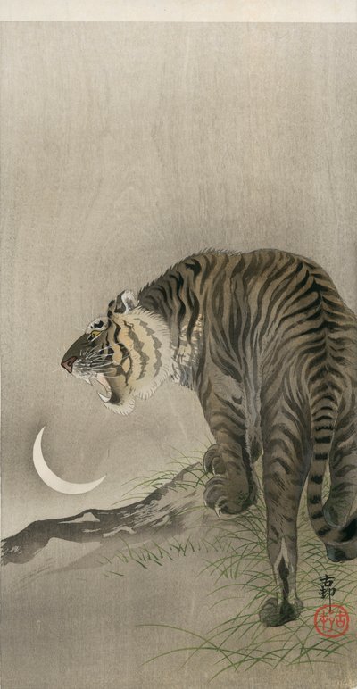 Brullende tijger en halve maan door Ohara Koson