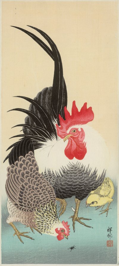 Haan, hen en kuiken met mier door Ohara Koson