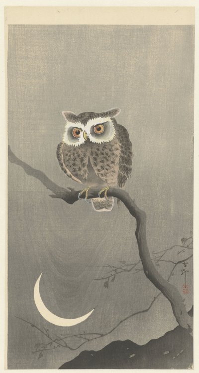 Dwergooruil op een tak met halve maan door Ohara Koson