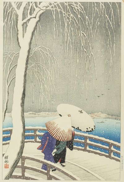 Sneeuw bij Yanagibashi, 1927 door Ohara Koson