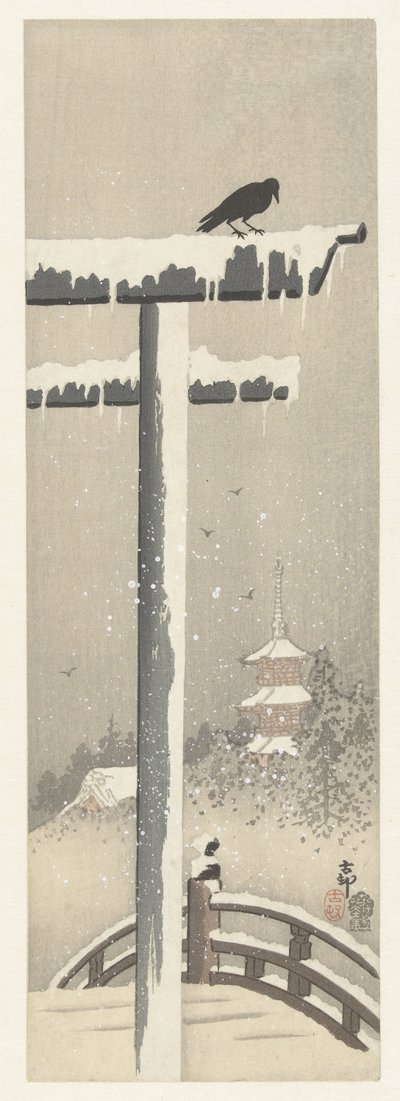Torii in de sneeuw door Ohara Koson