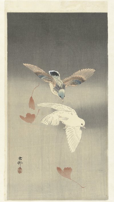 Twee duiven bij vallende ginkgo bladeren door Ohara Koson
