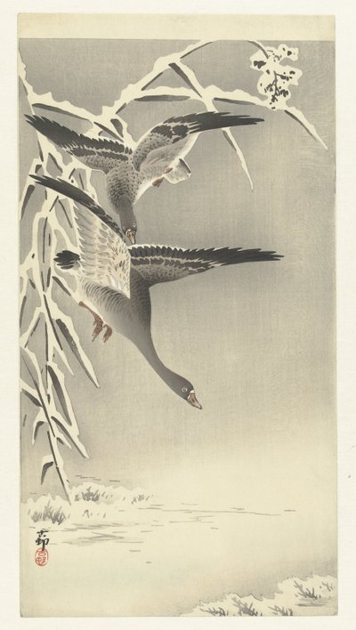 Twee kolganzen in sneeuwlandschap door Ohara Koson