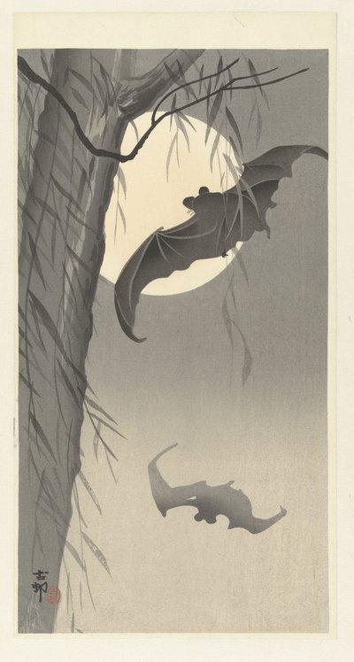 Twee vleermuizen bij volle maan door Ohara Koson