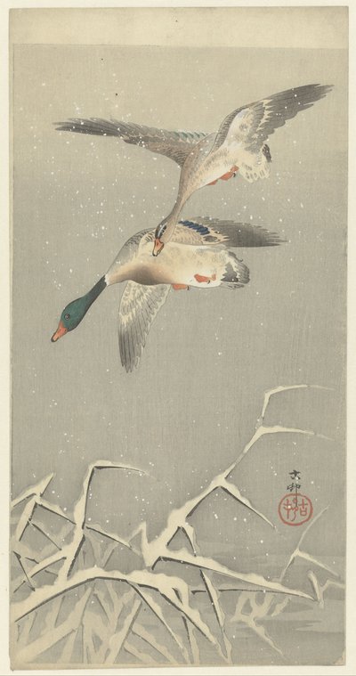 Twee wilde eenden in vlucht door Ohara Koson
