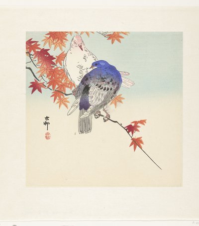 Twee duiven op een tak met herfstbladeren door Ohara Koson