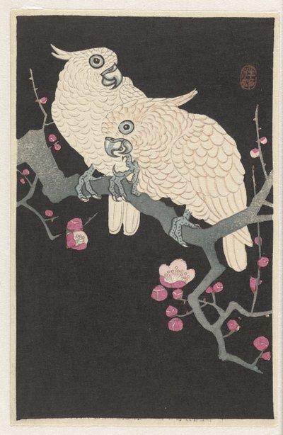 Twee kaketoes en pruimenbloesem door Ohara Koson