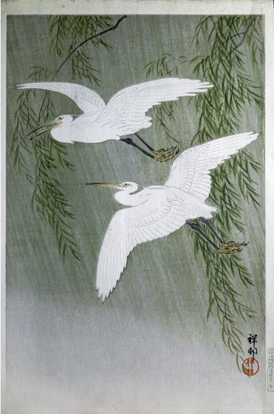 Twee reigers vrij vliegend, 1907 door Ohara Koson
