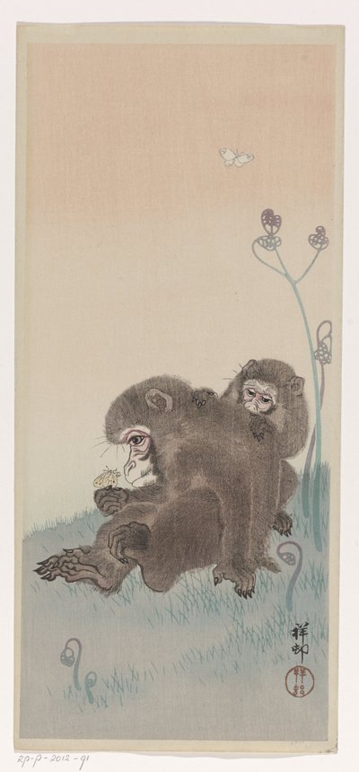 Twee apen met een vlinder, c.1900-45 door Ohara Koson