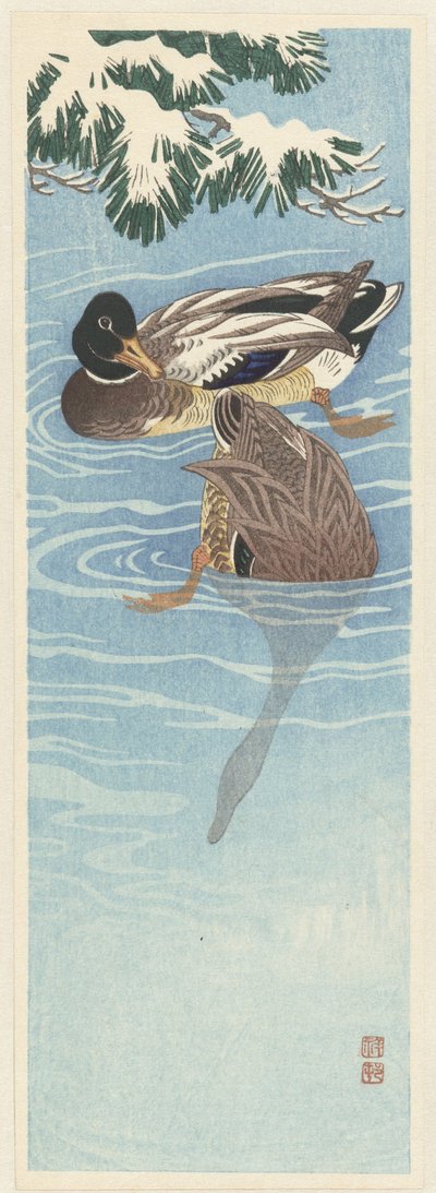 Twee wilde eenden in het water door Ohara Koson