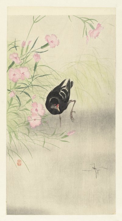 Waterhoen bij bloeiende plant door Ohara Koson