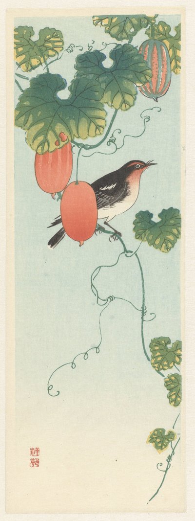 Zangvogel in komkommerplant door Ohara Koson