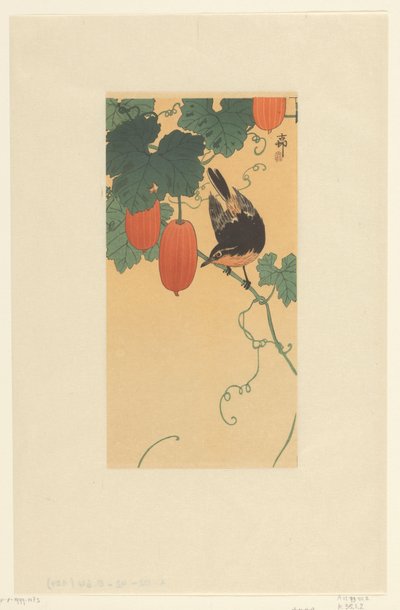 Zangvogel op plant met rode vruchten door Ohara Koson