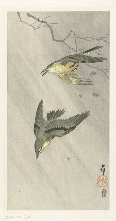 Zangvogels in regen door Ohara Koson