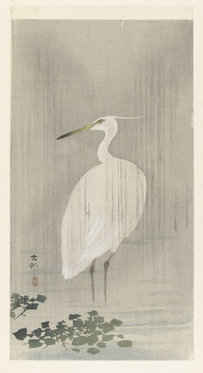 Zilverreiger in regen door Ohara Koson