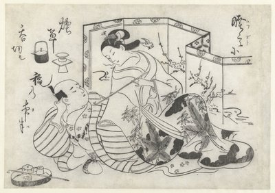 Japanse man en vrouw, rokend voor een kamerscherm door Okumura Masanobu (attributed to)