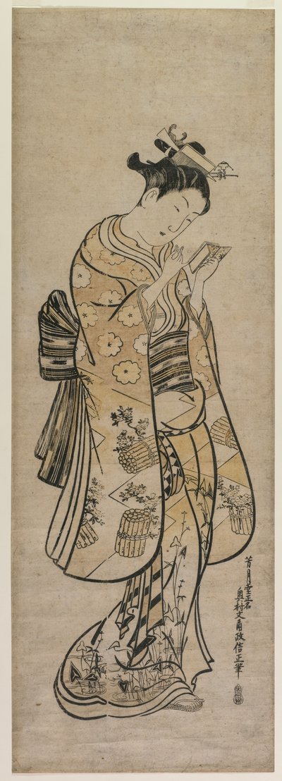 Een schoonheid met een spiegel door Okumura Masanobu