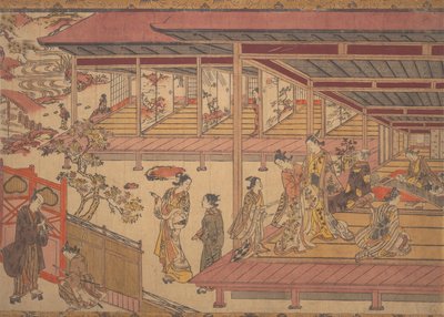 Een man staande buiten de poort van een groot huis door Okumura Masanobu