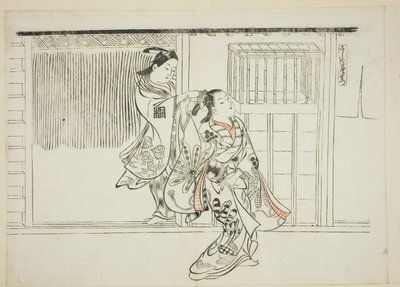Kam Rashomon (Sashigushi Rashomon), nr. 3 uit een serie van 12 prenten met parodieën op toneelstukken door Okumura Masanobu