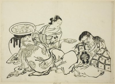 Courtisane die Shojo sake aanbiedt, nr. 4 uit een serie van 12 prenten door Okumura Masanobu