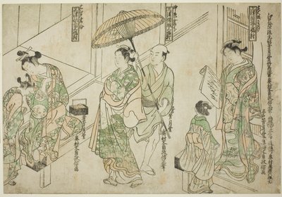 Courtisanes getekend in Osaka-stijl (rechts), Kyoto-stijl (midden) en Edo-stijl (links), uit "Courtisanes van de Drie Hoofdsteden: Een set van drie (Sanga no tsu keisei sanpukutsui)" door Okumura Masanobu
