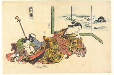 Courtisanes die de vier slapenden imiteren door Okumura Masanobu
