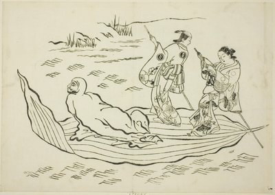 Daruma steekt de zee over op een blad, nr. 7 uit een serie van 12 prenten door Okumura Masanobu