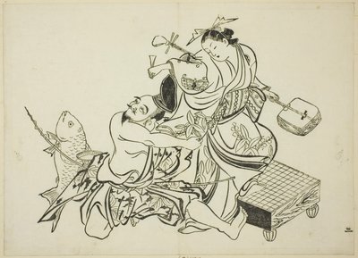 Ebisu flirt met een courtisane, nr. 3 uit een serie van 12 prenten door Okumura Masanobu
