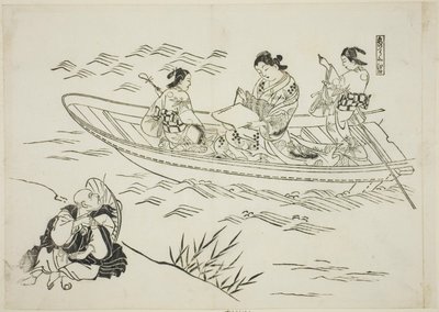 Eguchi en de vissersboot van de liefde (Koi no tsuribune Eguchi), nr. 4 uit een serie van 12 prenten met parodieën op toneelstukken door Okumura Masanobu