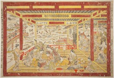 Genieten van de Avondkoelte bij de Ryogoku-brug (Ryogoku bashi yusuzumi uki-e) door Okumura Masanobu
