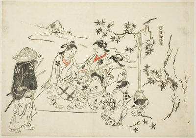 Verwarmende sake met esdoornbladeren (Kanzake momijigari), nr. 9 uit een serie van 12 prenten met parodieën op toneelstukken door Okumura Masanobu