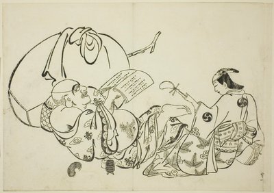 Hotei die een boek leest, nr. 11 uit een serie van 12 prenten door Okumura Masanobu