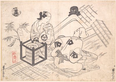Katsuyama Matagoro als Yane-chi, zittend op een stromat op het pannendak van een huis door Okumura Masanobu