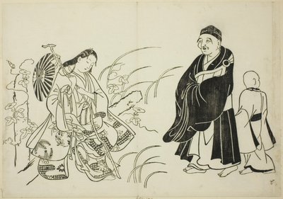Komachi rustend op een stupa, nr. 6 uit een serie van 12 prenten door Okumura Masanobu