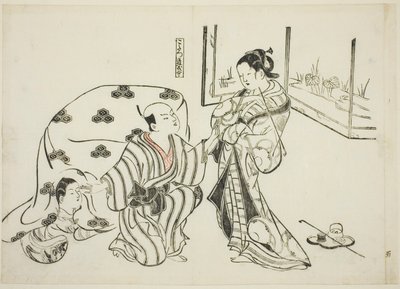 Kotatsu Dojoji, nr. 5 uit een serie van 12 prenten die parodieën van toneelstukken uitbeelden door Okumura Masanobu