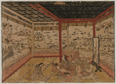 Lady Murasaki bij Ishiyama met Uitzicht op een Panorama met Acht Zichten op het Biwa Meer door Okumura Masanobu