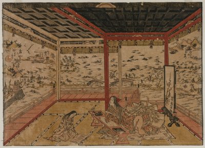 Lady Murasaki bij Ishiyama met uitzicht op een panorama met zeven uitzichten op het Biwa-meer, 1740s door Okumura Masanobu