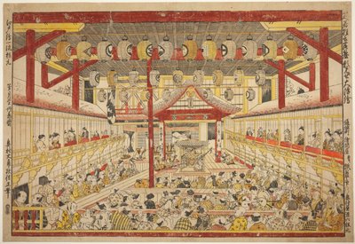 Groot Perspectiefbeeld van de Kaomise-uitvoering op het Kabuki-podium (Shibai kyogen butai kaomise o uki-e) door Okumura Masanobu