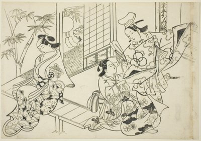 Narihira: De spiegelscène (Narihira kagami no dan), uit de serie "Beroemde Scènes uit Japanse Poppenspelen (Yamato irotake)" door Okumura Masanobu