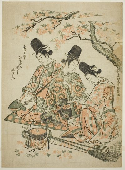 Parodie van Paleisbedienden die Esdoornbladeren Verbranden om Sake te Verwarmen uit "Het Verhaal van Heike" door Okumura Masanobu
