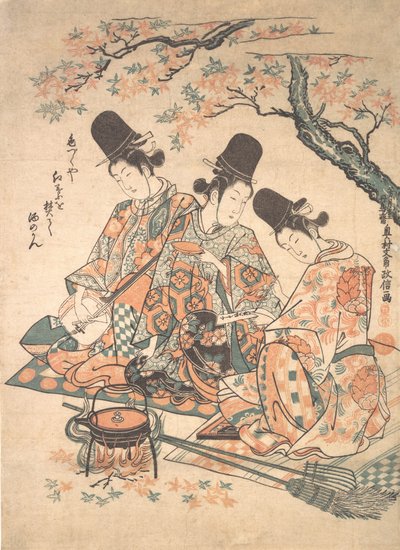Parodie van Paleisbedienden die Sake Verwarmen boven een Vuur van Esdoornbladeren, ca. 1750 door Okumura Masanobu