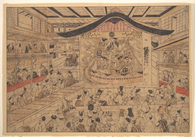 Perspectivisch gezicht (uki-e) op een kabukitheater, met een opvoering van De wapenschildpatronen van de gebroeders Soga en Nagoya Sanza (Mon-zukushi Nagoya Soga) door Okumura Masanobu