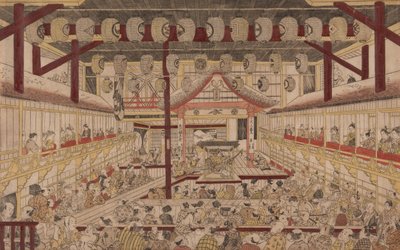 Perspectief Weergave van het Interieur van het Nakamura Theater met Ichikawa Ebizo II als Yanone Goro door Okumura Masanobu