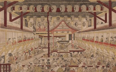 Perspectief Weergave van het Interieur van het Nakamura Theater met Ichikawa Ebizo II als Yanone Goro door Okumura Masanobu