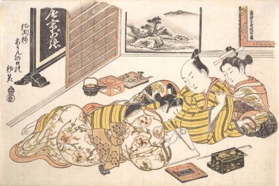 Plaat uit het erotische boek Mounds of Dyed Colors: A Pattern Book for the Boudoir, ca. 1736-44 door Okumura Masanobu