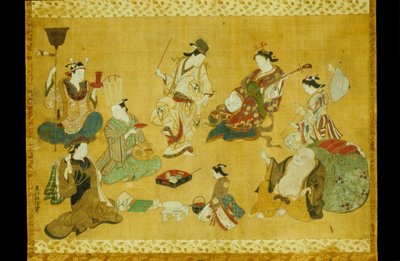 Feest in de uitgaanswijk als mitate van de zeven goden van geluk door Okumura Masanobu
